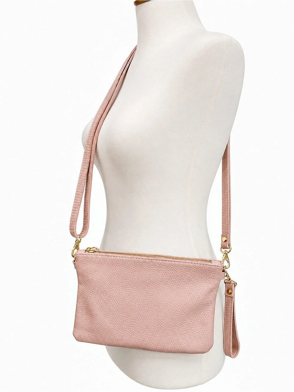 Italian Leather Beige Pink Crossbody Wristlet